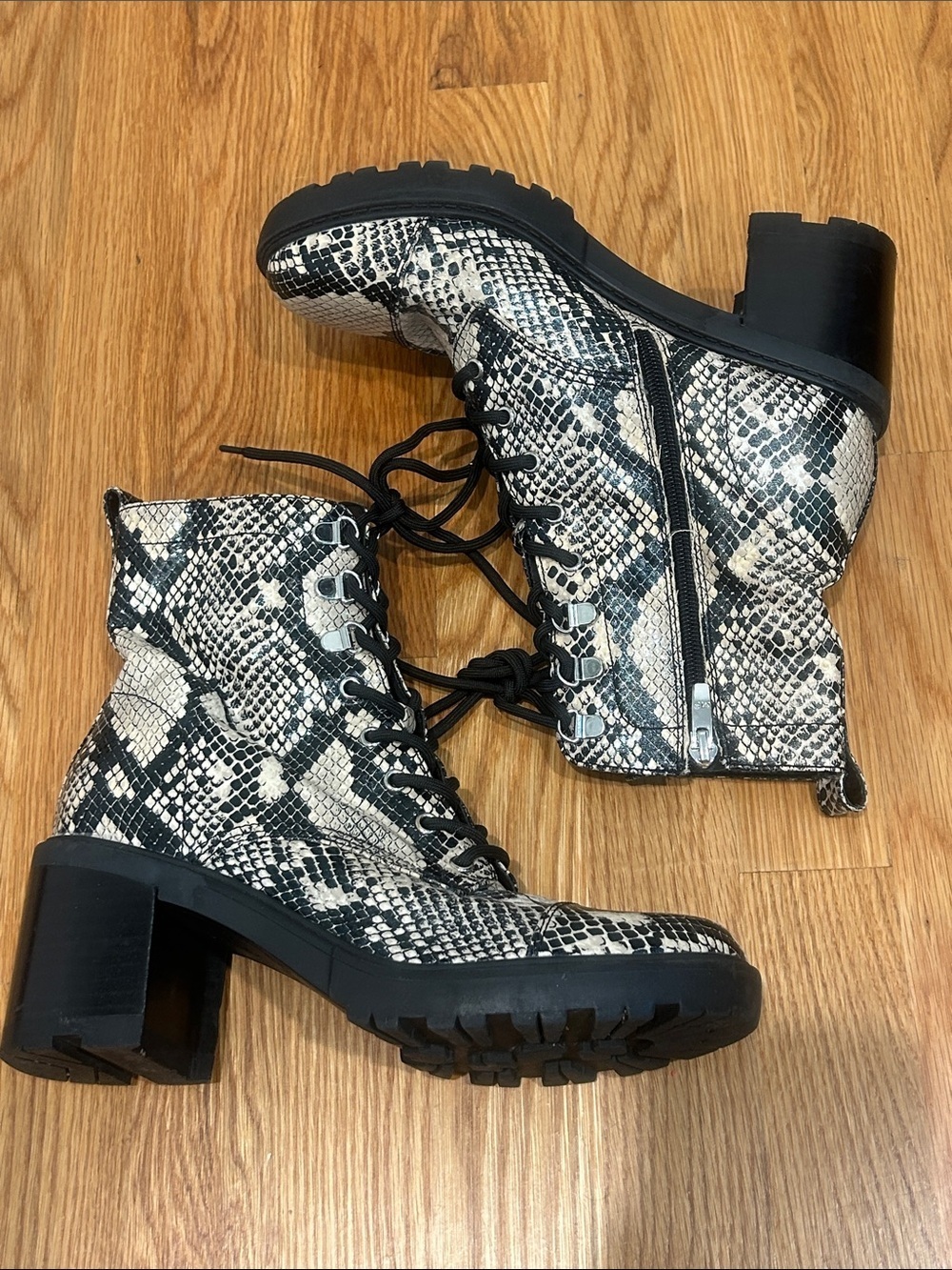 Marc Fisher Black & White Snake-Print Lace-Up Block Heel Boots